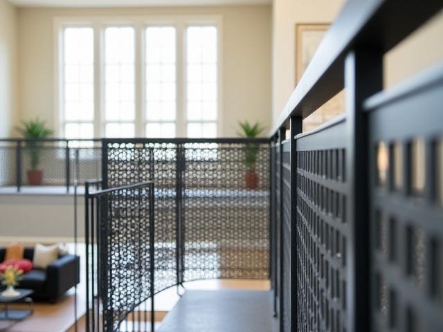 Barandales de metal con diseño perforado moderno en un balcón interior