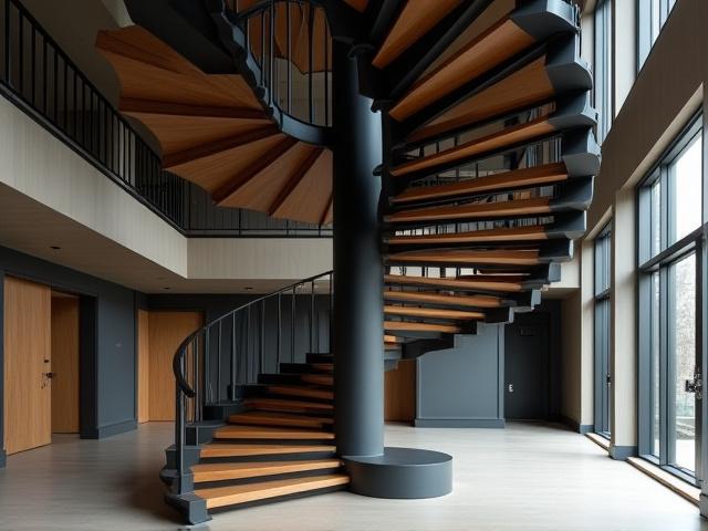 Escalera helicoidal de acero y madera en un espacio moderno, estilo industrial