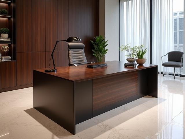 Escritorio ejecutivo de gran tamaño, diseño limpio y minimalista con detalles en acero
