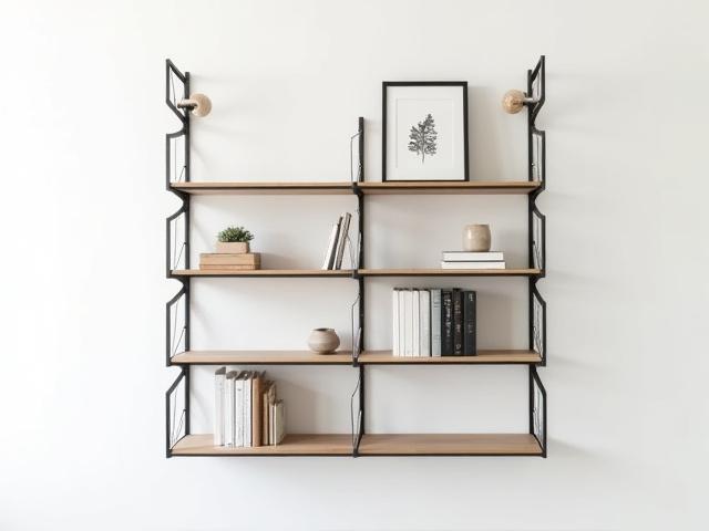 Estantería modular de pared hecha de metal y madera con libros y objetos decorativos