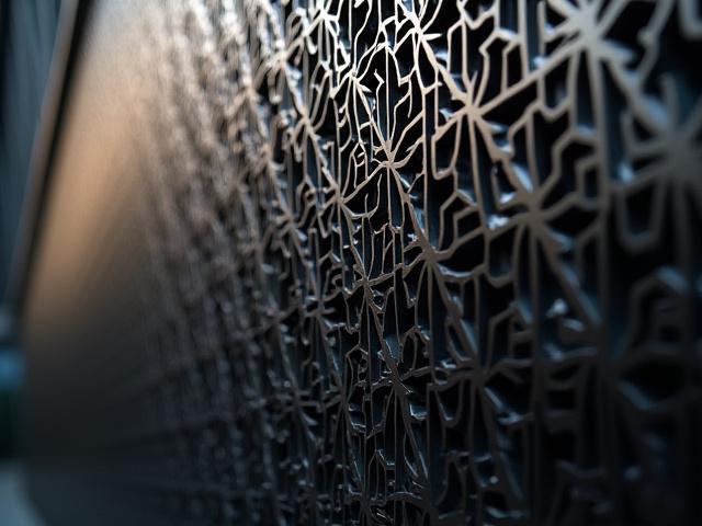 Detalle de una fachada metálica cortada con láser con patrones geométricos, diseño arquitectónico