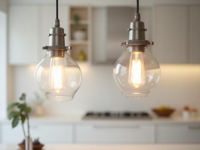 Lámpara colgante de acero y vidrio sobre una isla de cocina, estética industrial