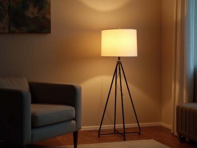 Lámpara de pie geométrica de metal negro y pantalla de tela en un interior contemporáneo