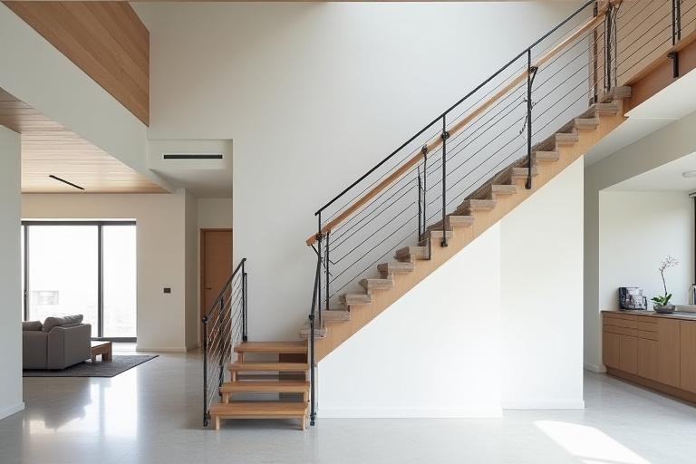 Elementos arquitectónicos interiores modernos, una escalera de metal y madera con barandilla geométrica.