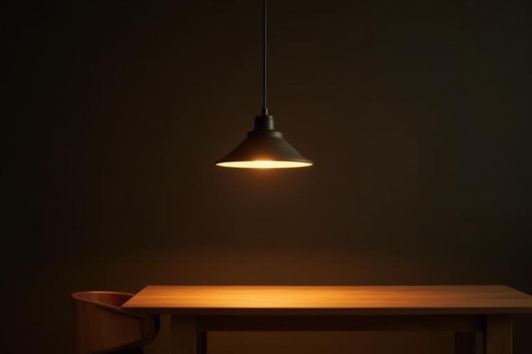 Lámpara de diseño bespoke, estilo industrial moderno suspendida sobre una mesa.