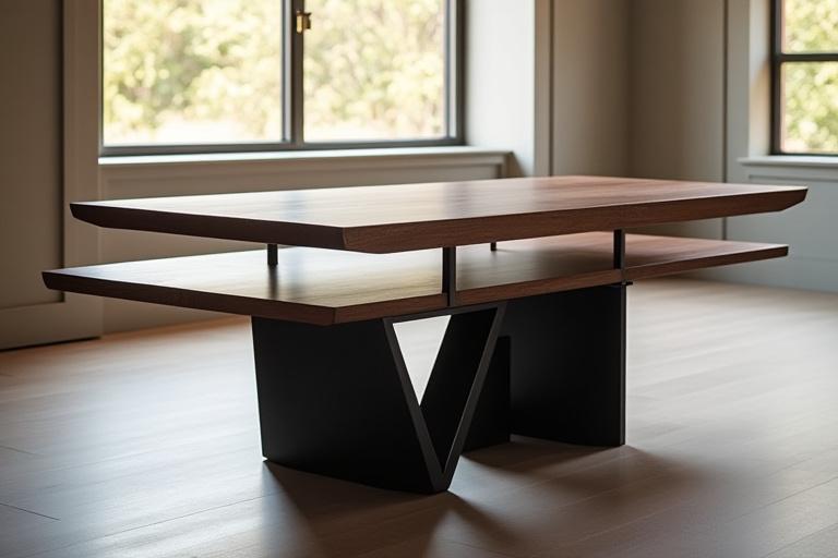 Diseño de mobiliario a medida de Corte Bauhaus, mesa de comedor con base de acero y tapa de madera oscura.