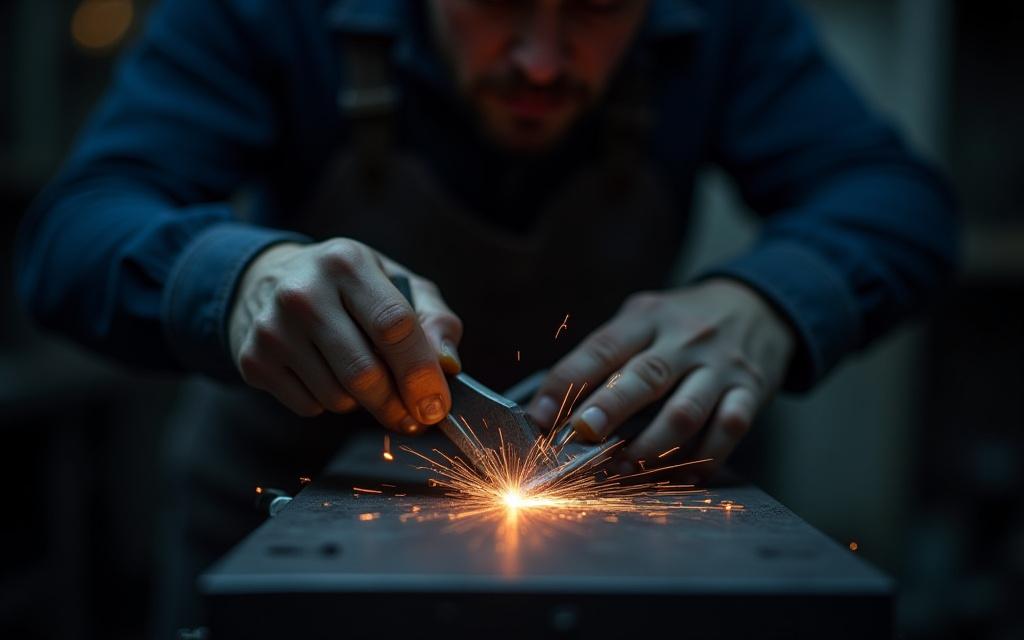 Artesano soldando con cuidado una pieza de metal en el taller.