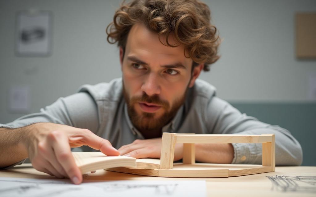 Diseñador inspeccionando un prototipo de mobiliario de madera, enfoque en detalles.